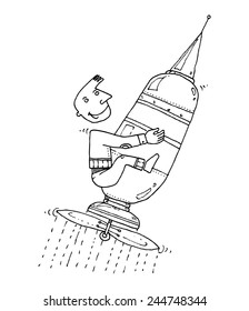 vector illustration drawing for a card with a funny cartoon character boy riding a rocket with a propeller