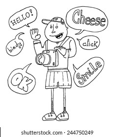 vector illustration drawing for a card with a funny cartoon character guy with a photo camera and text bubbles