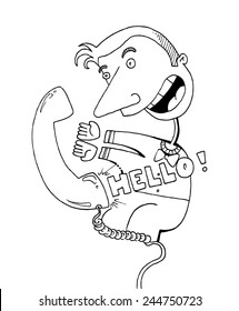 vector illustration drawing for a card with a funny cartoon character guy answering the phone, HELLO, loud, funny, silly