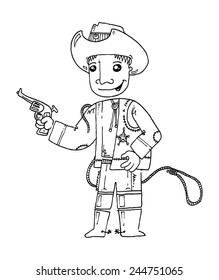 vector illustration drawing for a card with a funny cartoon character boy, a cowboy with a gun and a lasso