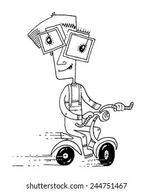 vector illustration drawing for a card with a funny cartoon character boy riding a bicycle, happy, silly, big eyes, glasses
