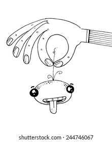 vector illustration drawing for a card with a hand holding a creature's head, funny