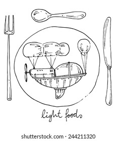 vector illustration drawing for a card, light food, a flying machine with hot air balloons on a platter with fork, knife and dessert spoon