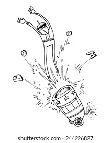 vector illustration drawing for a card with a man shot from a cannon, funny, boom