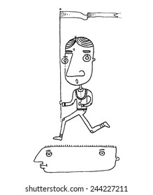vector illustration drawing for a card with a man running on a head shape band, with a flag, funny, caricature, cartoon