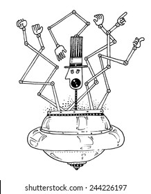 vector illustration drawing for a card with a mechanical creature with a space ship shape body, a man's head and six mechanical arms