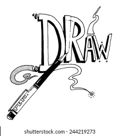 vector illustration drawing for a card with a pen in front of the word DRAW, decorative, simple, message