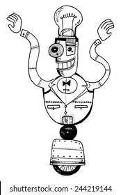 vector illustration drawing for a card with a robot with a light bulb on it's head, funny, cartoon character