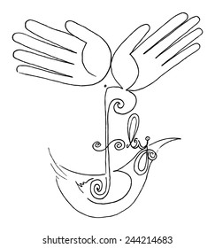vector illustration drawing for a card with two hands like wings, word FLY and a bird, simple, decorative