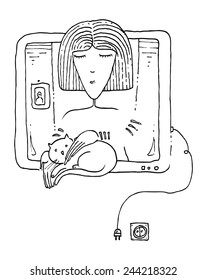 vector illustration drawing for a card with a woman and her cat inside a TV frame, decorative, simple