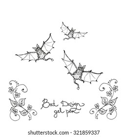 Vector illustration of Drawing cartoon bats - Illustration from set Gel pen for halloween day. design for print, coloring,  holidays eat