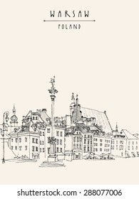 Vector illustration drawing of Castle Square in old center of Warsaw, Poland. Historical buildings line art. Travel sketch, hand lettering. Monochrome black and white vintage postcard template