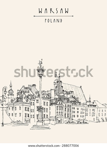 ポーランド ワルシャワの古い中心にある城広場のベクターイラスト 歴史的な建物の線画 旅のスケッチ 手書き 白黒のビンテージはがきテンプレート のベクター画像素材 ロイヤリティフリー