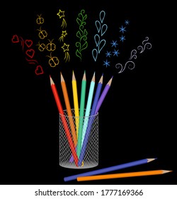 Ilustración vectorial para dibujar lápices de colores y dibujos en un emblema o logotipo del conjunto de artículos de vidrio