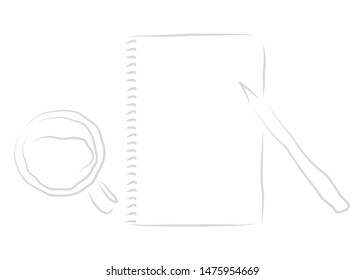 vector illustration drawing for the cup of coffee and pen of notepad