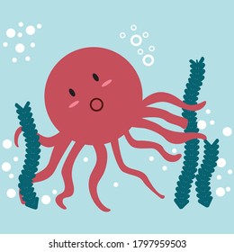 Vector illustration of drawing cute octopus in ocean