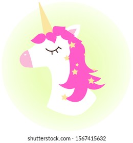 vector illustration drawing. Cute unicorn graphic print isolated on white background. Stroke. Green removable background. Cute unicorn face. cartoon style. Design
