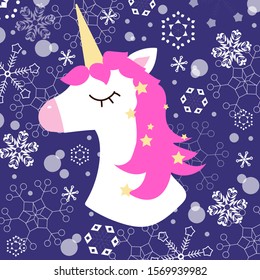vector illustration drawing. Cute unicorn graphic print on dark blue background with snowflakes. Stroke. Green background. Cute unicorn face. cartoon style. Design