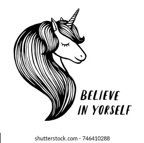 vector illustration drawing. Cute unicorn graphic print isolated on white background. Head portrait horse sticker, patch badge. 