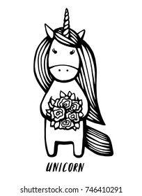 vector illustration drawing. Cute unicorn graphic print isolated on white background. Head portrait horse sticker, patch badge. 