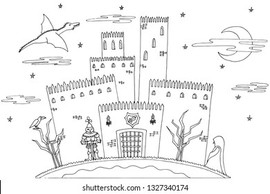 vector illustration drawing of a dark and spooky knight castle