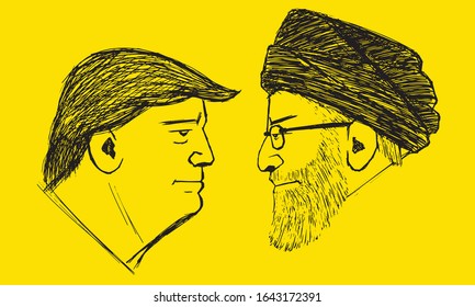 Vector Illustration Drawing Donald Trump President Of The United States And Ali Khamenei Supreme Leader Of Iran In Black Lines And Yellow Background For News, Article And Others.
