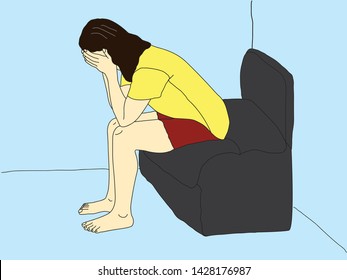 Vector illustration drawing doodle cartoon of Sad people, disappointed sitting and crying Symptoms of depression or women are having severe headaches