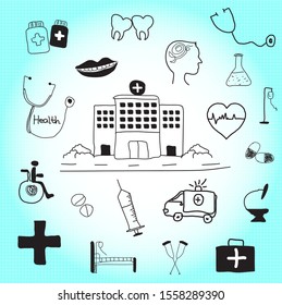 Vector illustration drawing doodle of health and medical cartoon set.