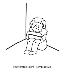 Vector illustration drawing doodle of Sad people, disappointed, sitting, hugging their knees and crying in the corner of the room, Symptoms of depression