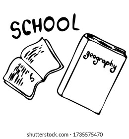 vector illustration, drawing in doodle style in black, open book, notebook, school items, isolate on a white background