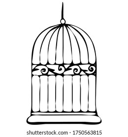 vector illustration, drawing in doodle style in black, bird cage, isolate on a white background