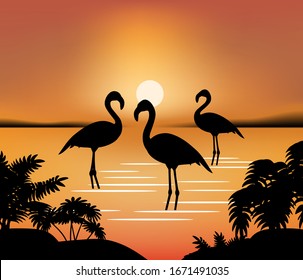 Vector illustration drawing at dusk silhouettes of flamingos birds standing in the water in a bright orange sunset