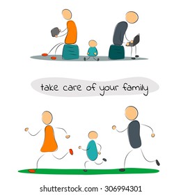 Vector illustration. Drawing. Family sitting with gadgets and family is engaged in sports