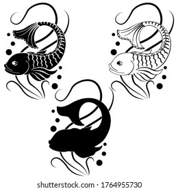 vector illustration, drawing of a fish in black in a doodle style, tattoo, isolate on a white background