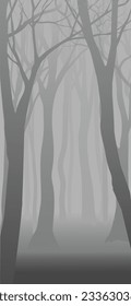 Vector illustration, drawing, foggy forest, in gray tones, nature, view, mystery, gloomy background.