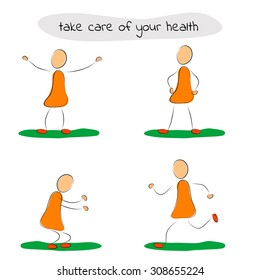 Vector illustration. Drawing. Four icon man care of your health does exercise