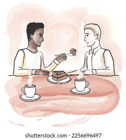 Vector illustration drawing gay couple sharing cake