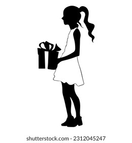 Vector illustration. Drawing of a girl with a gift in her hands. A girl in a dress.