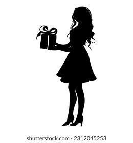 Vector illustration. Drawing of a girl with a gift in her hands. A girl in a dress.