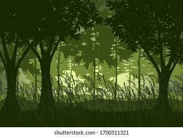 Dibujo vectorial de un bosque verde con hierba alta