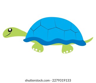 Vector illustration, drawing of green turtle and smiling, cartoon style on white background