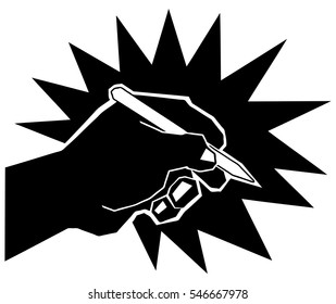 Vector illustration drawing of a highlighted hand holding a pen for the concept: The might of the pen.
