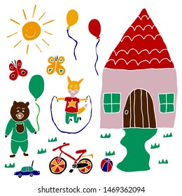 Vector illustration with drawing of a house, a bear, a fox, balloons, sun and toys.