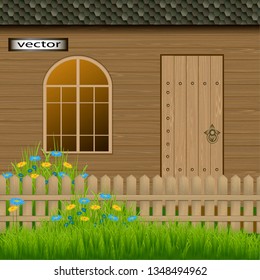 Vector illustration drawing house made of wood with doors and window made of boards with grass and flowers texture near the fence