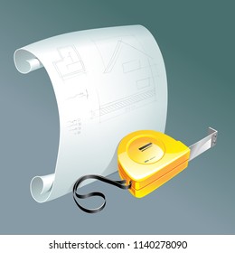 vector illustration of drawing of the house on paper made by pencil rolled next to tape measure