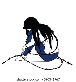 Vector illustration drawing in ink sketching style, lonely woman, sad and depression, sitting alone surround with barbed wired, presenting to woman being jailed or caged.