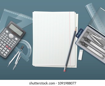 Vector illustration of drawing instruments, rulers, calculator and pencil on paper. Isolated on background