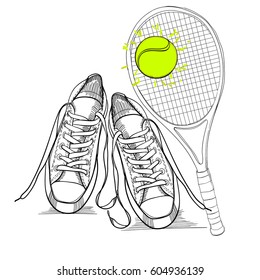 Vector illustration of drawing isolated objects sneakers with tennis racquet and ball. Hand drawn and doodle footwear for logo.