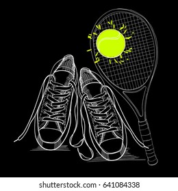 Vector illustration of drawing isolated objects sneakers with tennis racquet and ball. Hand drawn and doodle footwear for logo.