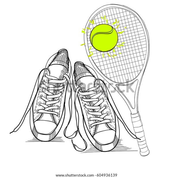 テニスのラケットとボールを使って スニーカーを分離して描くベクターイラスト ロゴ用の手描きと落書きの履き物 のベクター画像素材 ロイヤリティフリー